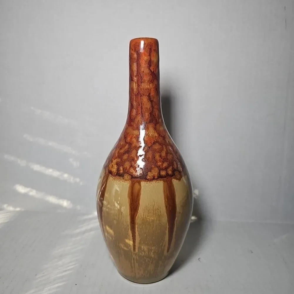 Tall Vintage Vase Drip Glaze Earth Tone Terra Cotta Pottery 10in MCM Neutral